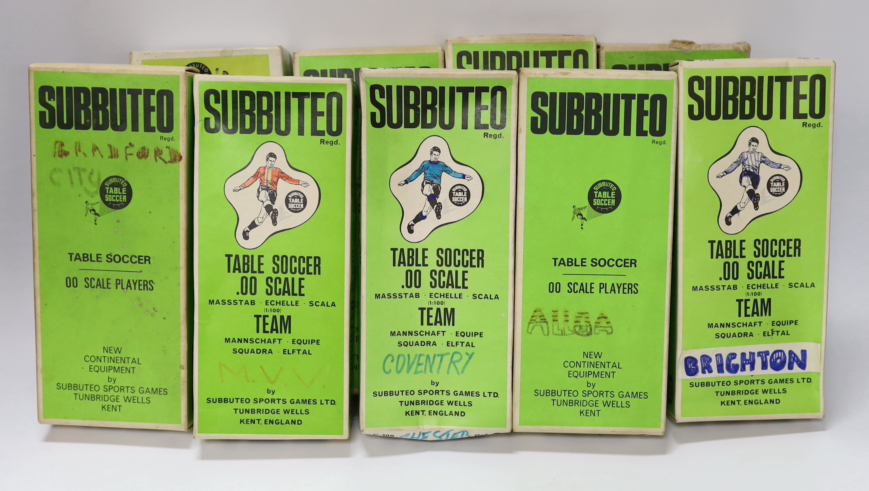 Twelve boxed Subbuteo table football teams, including; Brighton, West Ham, Manchester City, Ostende, Ajax, Fulham, etc.